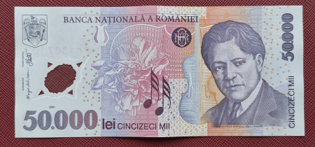 Bancnote Romania - Romania, 50000 lei 2001 George Enescu, seria 027A1307103, stare buna