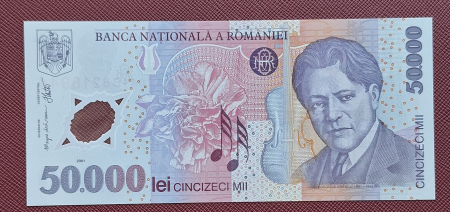 Bancnote Romania - Romania, 50000 lei 2001 George Enescu, seria 041B8218944, UNC