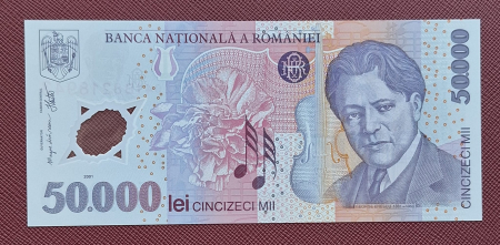 Bancnote Romania - Romania, 50000 lei 2001 George Enescu, seria 041B8218943, UNC