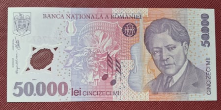 Bancnote Romania - Romania, 50000 lei 2001 George Enescu, seria 034B7757398, UNC