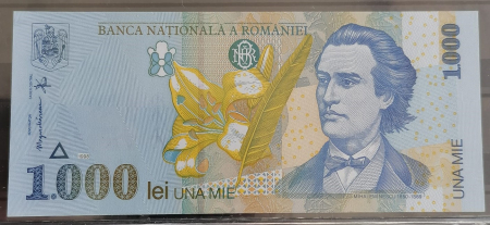 Romania, 1000 lei 1998, Mihai Eminescu, UNC, filigran BNR mare, inclinat [1]