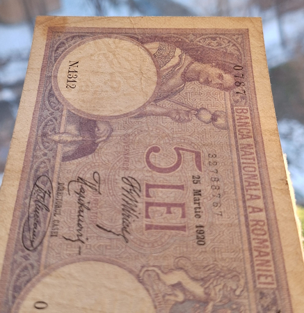 Romania bancnota 5 lei 1920, seria N.1312/0787/32788787, circulata [5]