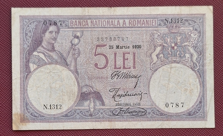 Bancnote - Romania bancnota 5 lei 1920, seria N.1312/0787/32788787, circulata