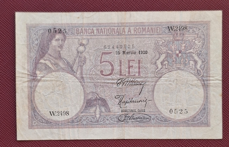 Bancnote - Romania bancnota 5 lei 1920, seria W.2498/0525/62449525, circulata