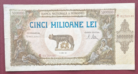 Bancnote - Romania bancnota 5 milioane lei 1947, circulata