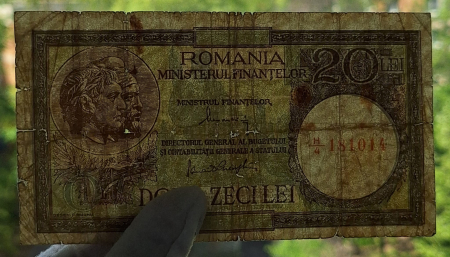 Romania, Ministerul Finantelor, 20 lei 1947-1950, semnaturile lui Alexandrini si Panait Gheorghiu, circulata [2]