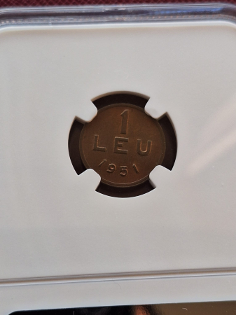 Romania, moneda 1 leu 1951 alama, gradat NGC MS65 [3]