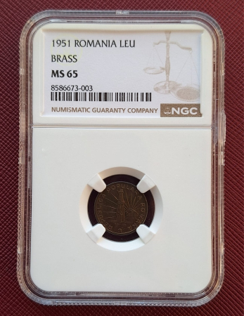 Monede Romania - Romania, moneda 1 leu 1951 alama, gradat NGC MS65