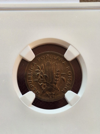 Romania, moneda 2 lei 1951 alama, gradat NGC Cleaned, cu batere dubla [3]