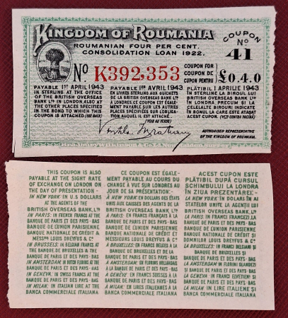 Bancnote Romania - Romania Regat, cupon pentru consolidare imprumut 1922