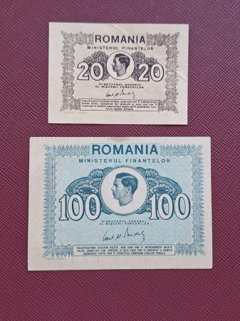 Bancnote Romania - Romania, set 20 Lei + 100 Lei 1945, Regele Mihai, aproape necirculate