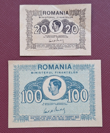 Bancnote Romania - Romania, set 20 Lei + 100 Lei 1945, Regele Mihai, aproape necirculate