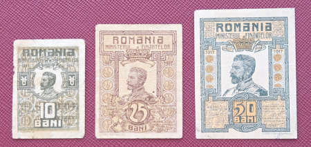 Bancnote Romania - Romania, set 3 bancnote: 10 Bani, 25 Bani, 50 Bani 1917, Regele Ferdinand I