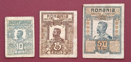 Bancnote - Romania, set 3 bancnote: 10 Bani, 25 Bani, 50 Bani 1917, Regele Ferdinand I