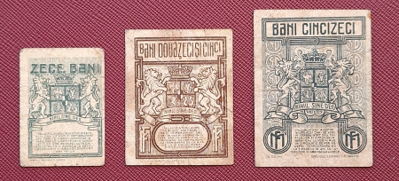 Romania, set 3 bancnote: 10 Bani, 25 Bani, 50 Bani 1917, Regele Ferdinand I [1]