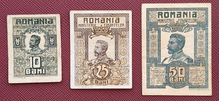 Bancnote - Romania, set 3 bancnote: 10 Bani, 25 Bani, 50 Bani 1917, Regele Ferdinand I