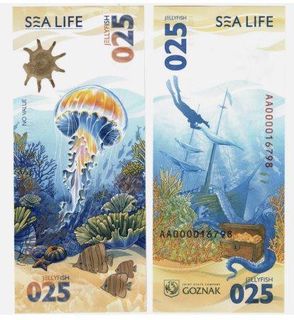 Rusia - Rusia - Goznak, 2025, bancnota de test, viata marina: meduza/naufragiu, UNC