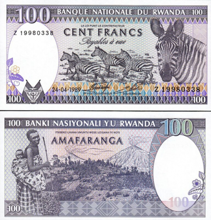 Rwanda - Rwanda, 100 Franci 1989, zebre, necirculata