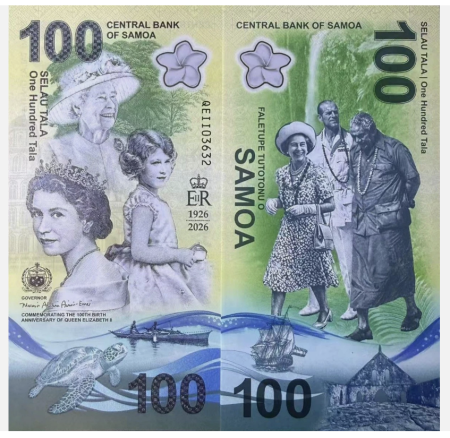 Samoa - Samoa 100 Tala 2026, polimer, aniversara: 100 ani de la nasterea Reginei Elisabeta II