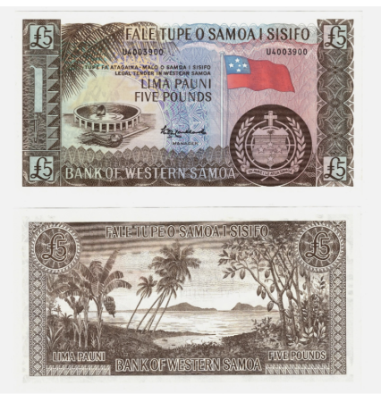 Bancnote Australia si Oceania - Samoa 5 Lire 1963 (2020), palmieri la Oceanul Pacific, necirculata