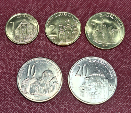 Monede Europa - Serbia set 6 monede 2003-2016: 1,2,5,10,20 Dinari,  Atractii Turistice, UNC