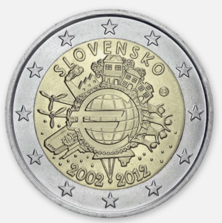 Monede Euro, Eurocenti - Slovacia 2 euro 2012, 10 ani de la introducerea Euro, UNC