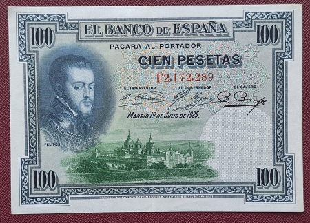 Spania - Spania 100 pesetas 1925, Filip II, aproape necirculata