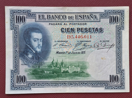 Spania - Spania 100 pesetas 1925, Filip II, circulata