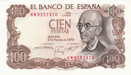 Spania 100 Pesetas 1970, Manuel de Falla, necirculata [1]