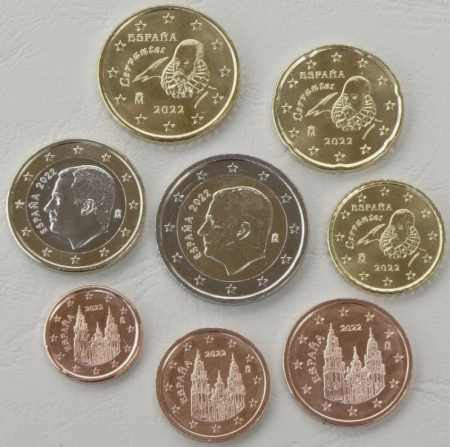 Monede Euro, Eurocenti - Spania set 8 monede 2022: 1,2,5,10,20,50 centi, 1,2 Euro, UNC