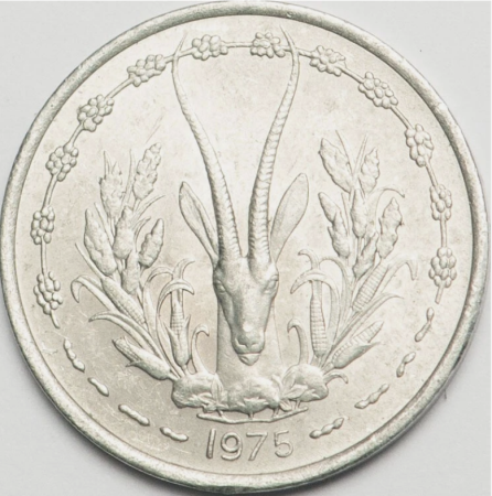 Monede straine - Statele Africii de Vest, 1 Franc 1975, Gazela, aUNC