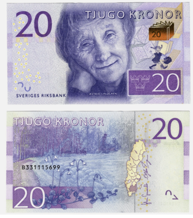 Bancnote straine - Suedia 20 coroane 2015, Astrid Lindgren, UNC