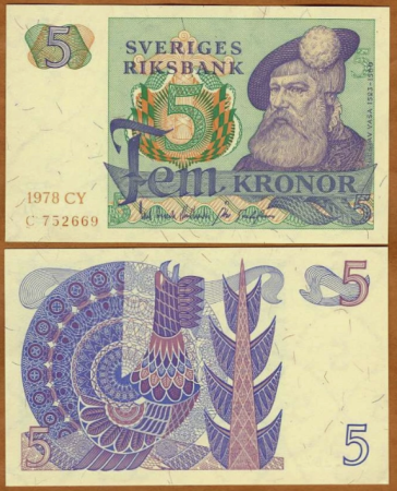 Suedia - Suedia 5 Kronor 1978, Regele Gustav Vasa, UNC