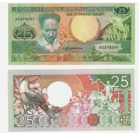 Surinam - SURINAM 25 gulden 1988, filigran papagal, necirculata