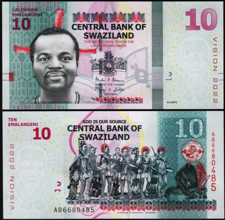 Bancnote straine - Swaziland, 10 Emalangeni 2015  (comemorativa: Vision 2022), necirculata