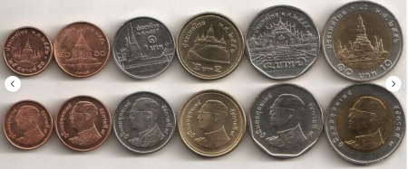Monede Asia - Thailanda set 6 monede 2008-2016: 25,50 Satang, 1,2,5,10 Baht, Cladiri si Temple, UNC