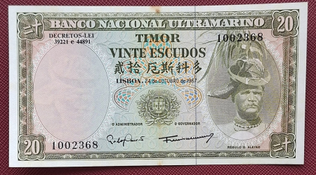 Timor - Timor, 20 escudos 1967, aproape necirculata
