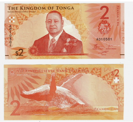 Bancnote Australia si Oceania - Tonga 2 Pa'anga 2024, Regele Tupou VI, observarea balenelor, necirculata
