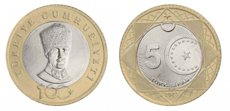 Monede Asia - Turcia 5 Lira Aniversara 2023, Bimetal, Unc