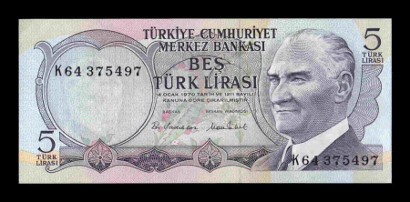 Turcia - TURCIA 5 lire 1970 (1976), Kemal Atatürk, necirculata
