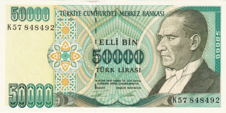 Bancnote Asia - Turcia 50000 Lire 1995, presedintele Mustafa Kemal Atatürk, UNC