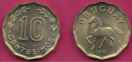 Monede America - Uruguay 10 CENTESIMOS 1981 Cal, UNC