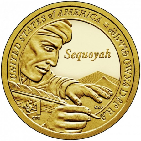 Monede America - USA 1 dolar 2017: Sequoyah, amerindian, în 1821 a creat, singur, alfabetul cherokee, UNC