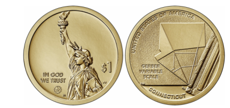 Monede America - USA 1 dolar 2020, Inovatia americana, Connecticut, scala variabila a lui Gerber, UNC