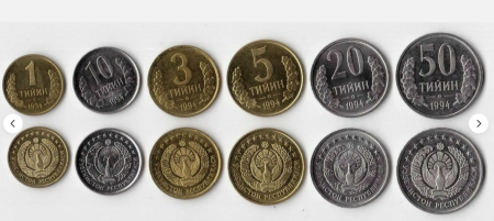 Uzbekistan set 6 monede 1994: 1,3,5,10,20,50 Tiyin, aproape necirculate [2]