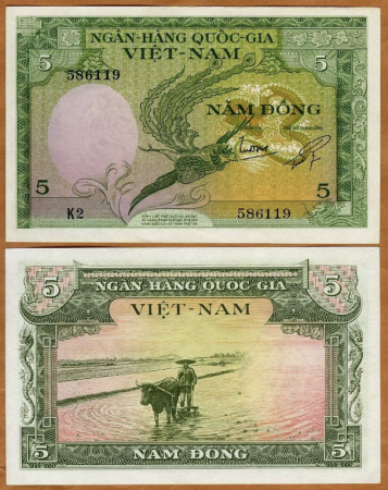 Bancnote - Vietnamul de Sud, 5 dong 1955, Țăran cu un bivol de apă, UNC