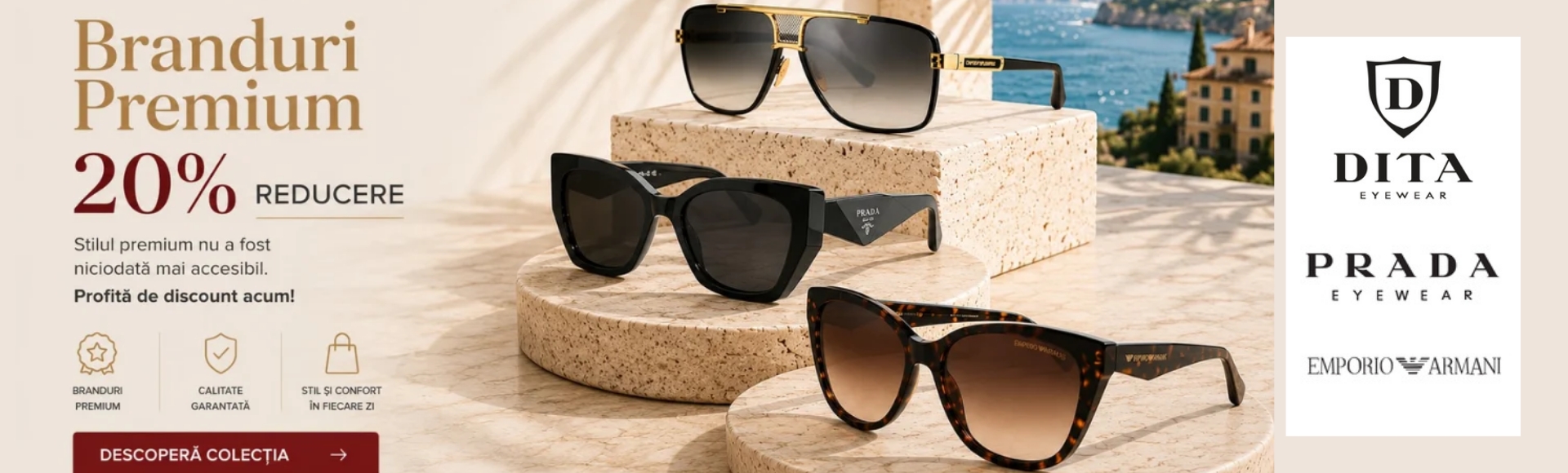 20% reducere ochelari de soare Dita Prada Emporio Armani