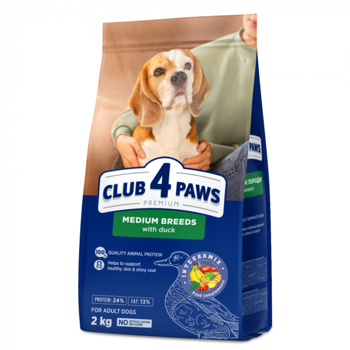 Club 4 Paws, Hrana uscata caini adulti, talie medie, cu rata, 2kg [1]