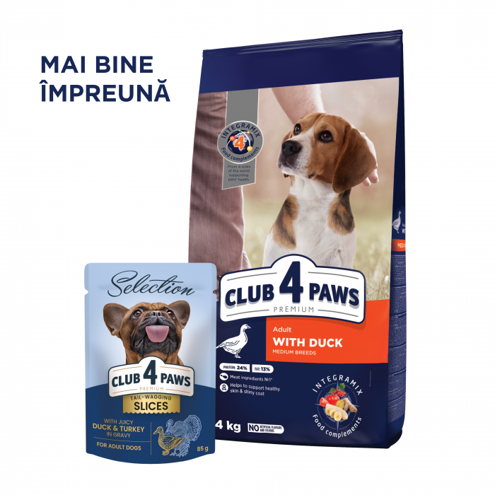 Club 4 Paws, Hrana uscata caini adulti, talie medie, cu rata, 2kg [6]