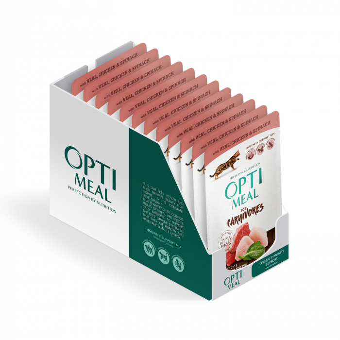 Optimeal Grain Free Hrana umeda pisici adulte - cu Vitel, gaina si spanac in sos, set 12*0,085kg [3]